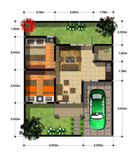 denah desain rumah type 45 lebar tanah 8 meter